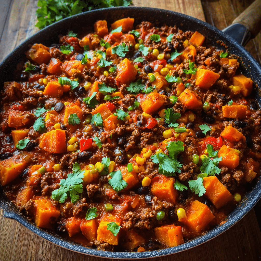 Southwest beef and sweet potato skillet — hearty winter comfort food.