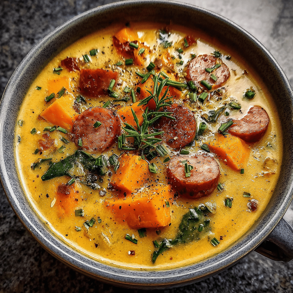 Sweet potato sausage soup — rich, savory winter comfort food.