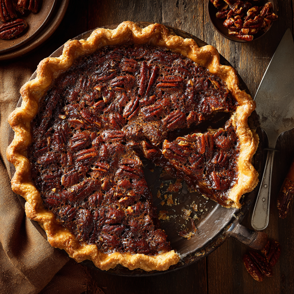 Texas-style chocolate pecan pie with a glossy filling and rustic crust.