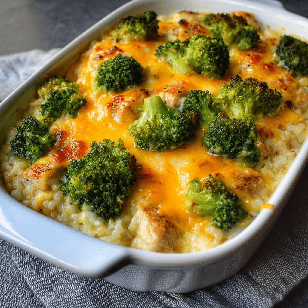Thanksgiving cheesy chicken broccoli casserole for winter comfort food lovers.