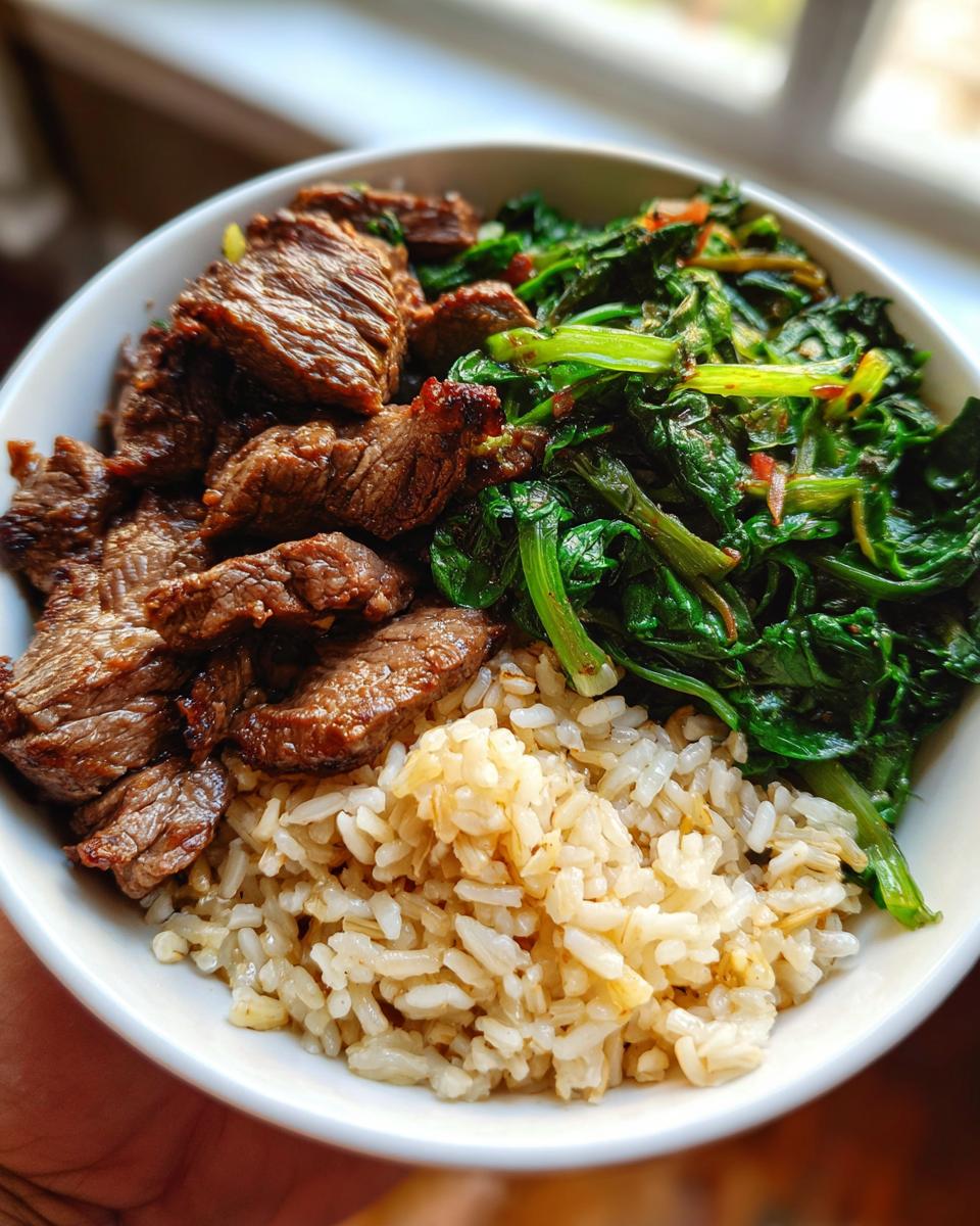 Beef & Veggie High-Protein Rice Bowl — Sliced beef with sautéed greens and brown rice. - detail 1