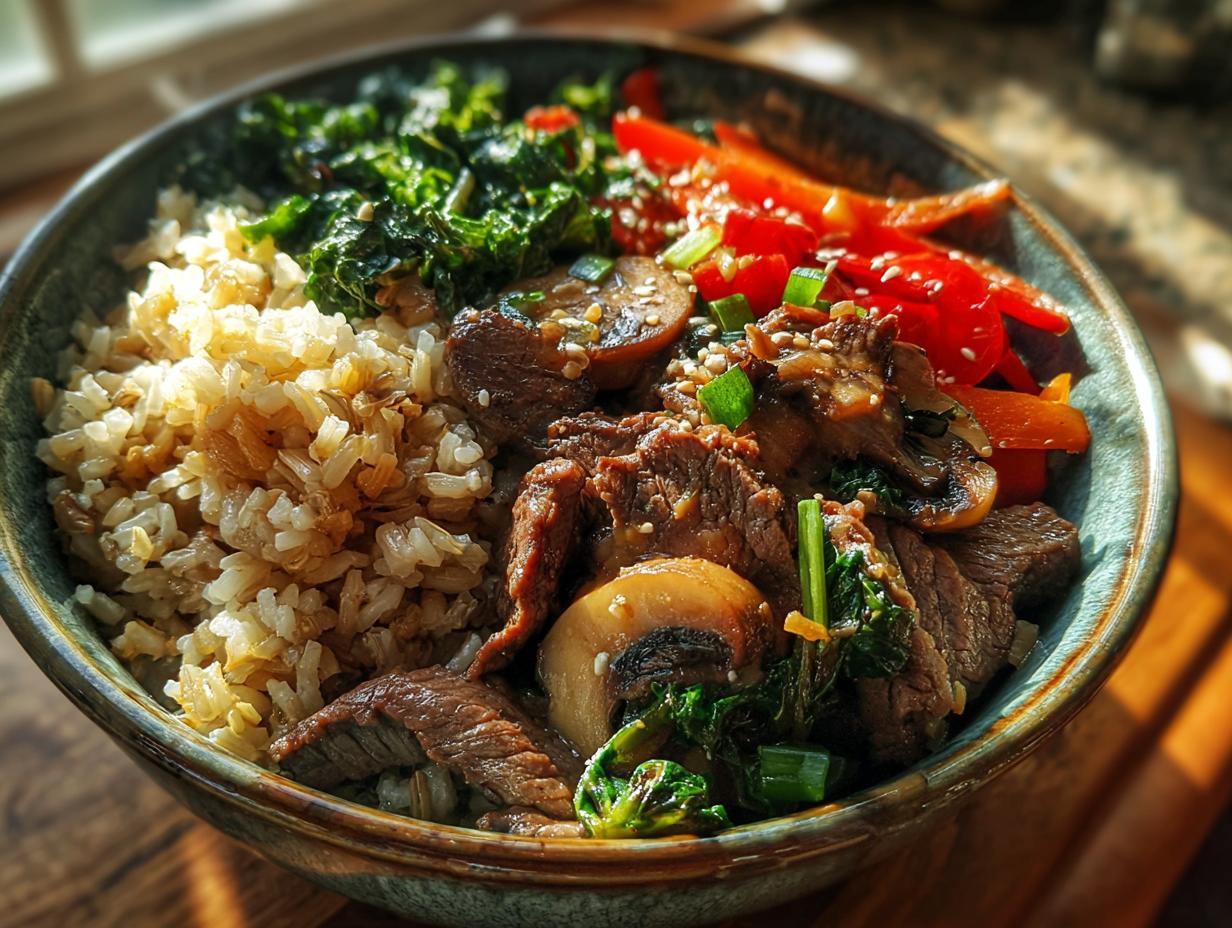 Beef & Veggie High-Protein Rice Bowl — Sliced beef with sautéed greens and brown rice. - detail 2