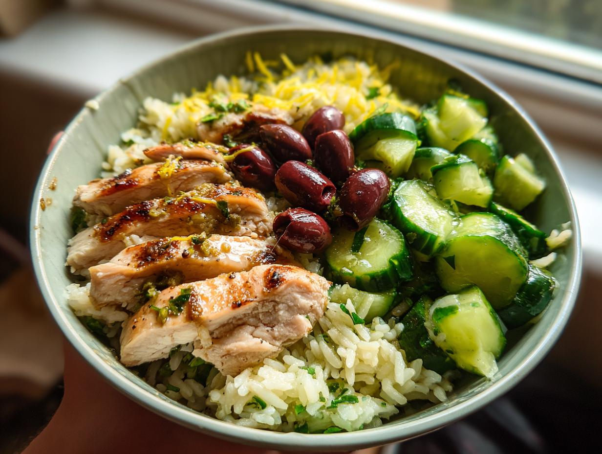 Greek Chicken Power Bowl — Protein-rich chicken with cucumber, olives, and lemon rice. - detail 2