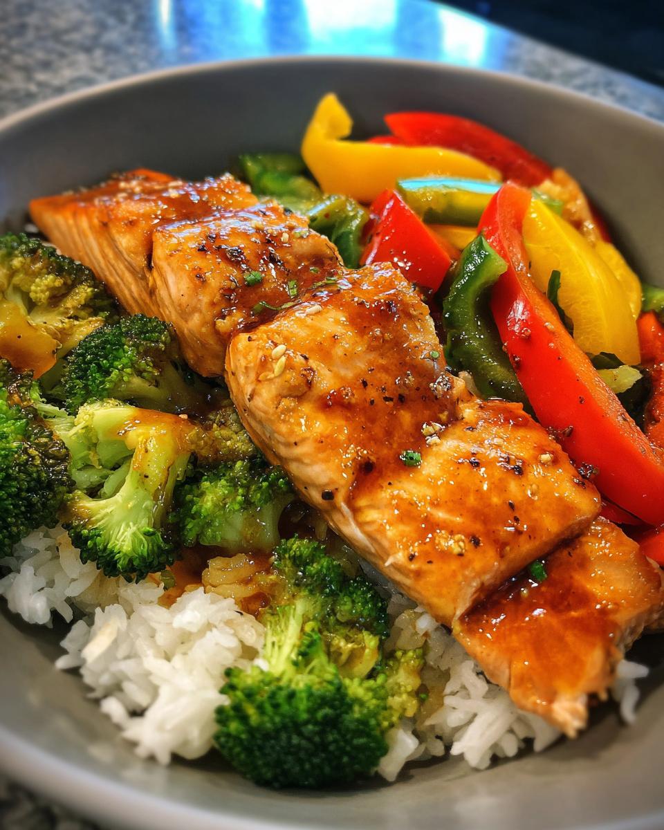 Amazing: 1 Honey Garlic Salmon Bowl Recipe! 4 Honey Garlic High-Protein Salmon Bowl — Salmon with garlic glaze over rice and vegetables. - detail 1