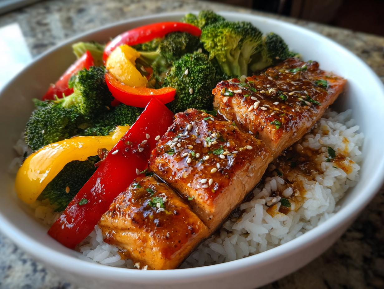 Amazing: 1 Honey Garlic Salmon Bowl Recipe! 5 Honey Garlic High-Protein Salmon Bowl — Salmon with garlic glaze over rice and vegetables. - detail 2