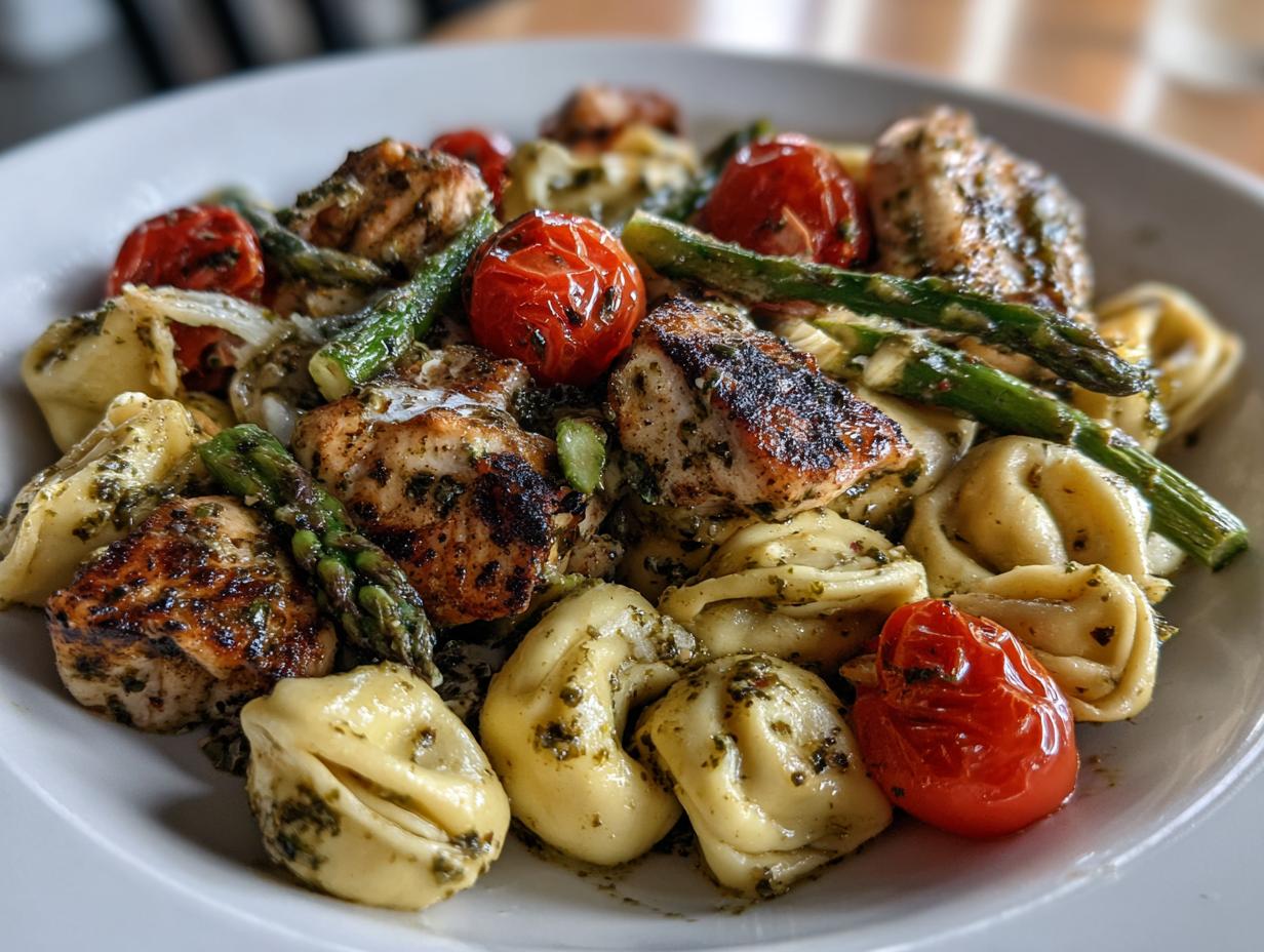 Spring and Summer DINNER: One-Pan Pesto Chicken, Tortellini, and Veggies, Asparagus, Tomatoes - detail 1