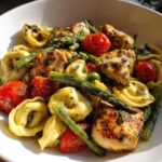 Spring and Summer DINNER: One-Pan Pesto Chicken, Tortellini, and Veggies, Asparagus, Tomatoes