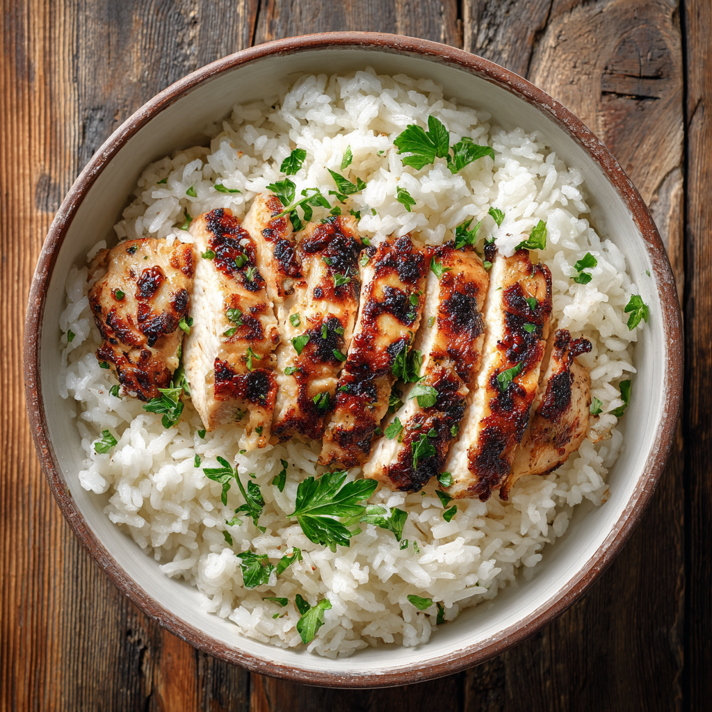 garlic chicken and rice in bowl