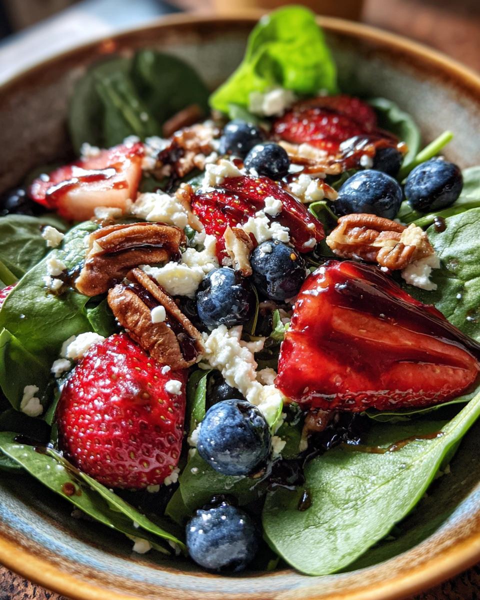 30-Minute Strawberry Spinach Salad with Blueberries, Pecans, Feta cheese, and a Balsamic glaze. - detail 1