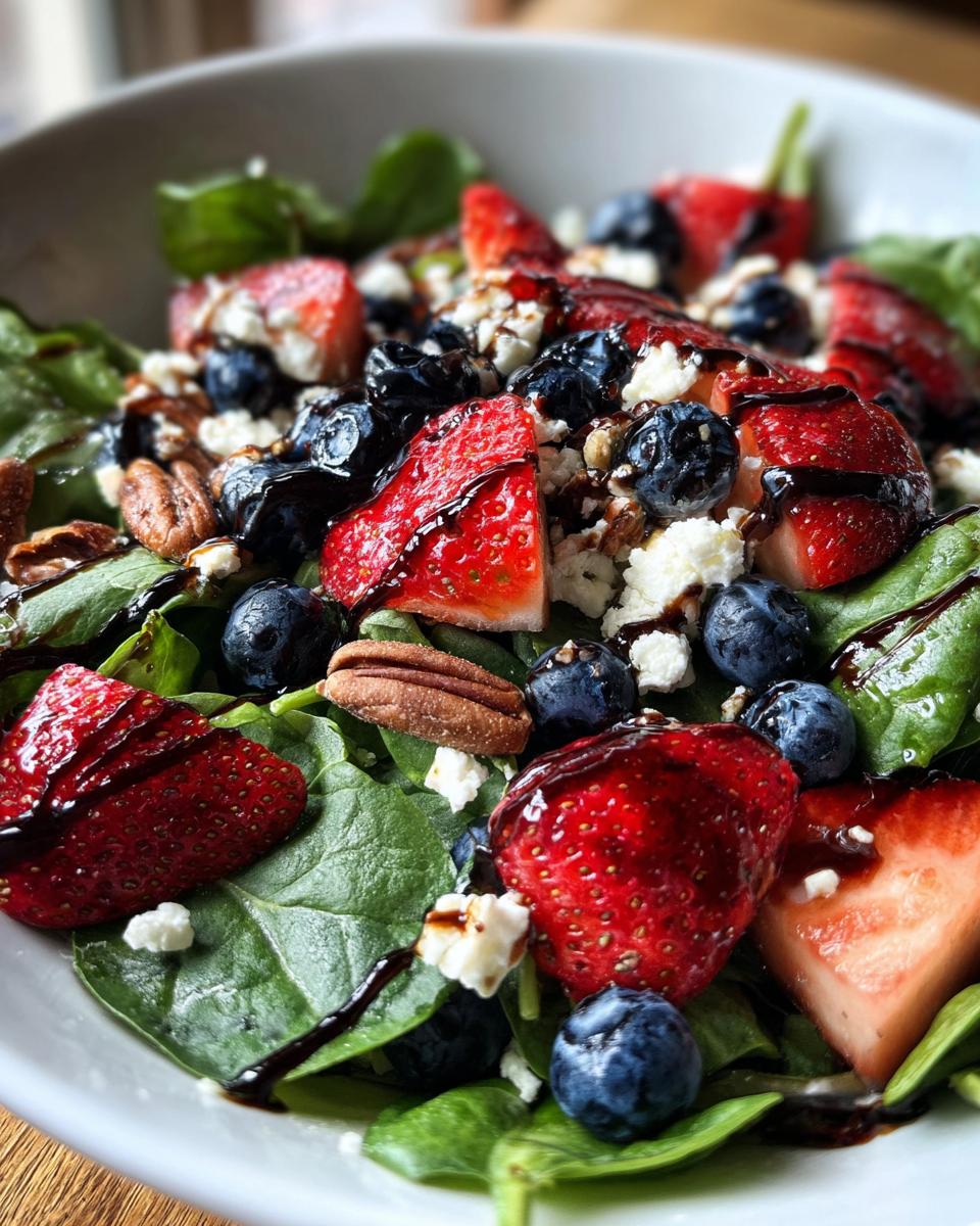 30-Minute Strawberry Spinach Salad with Blueberries, Pecans, Feta cheese, and a Balsamic glaze. - detail 2