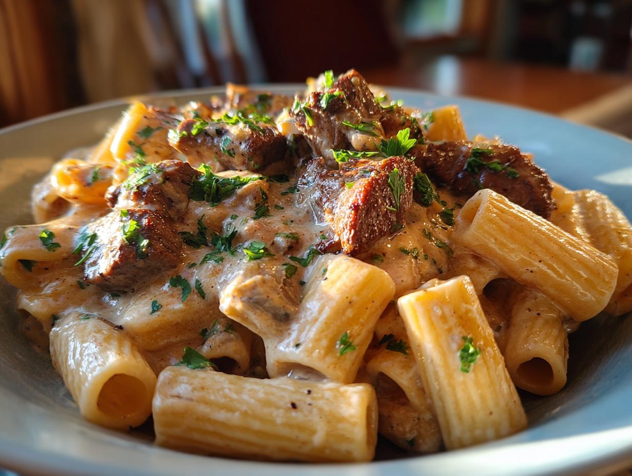 Cajun Steak Tips in Cheesy Rigatoni Parmesan Sauce - detail 2