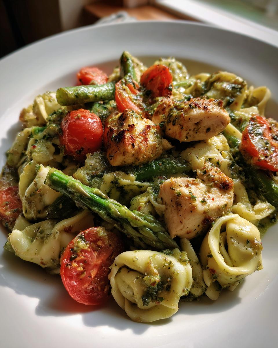 Spring and Summer DINNER: One-Pan Pesto Chicken, Tortellini, and Veggies, Asparagus, Tomatoes - detail 1