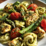 Spring and Summer DINNER: One-Pan Pesto Chicken, Tortellini, and Veggies, Asparagus, Tomatoes