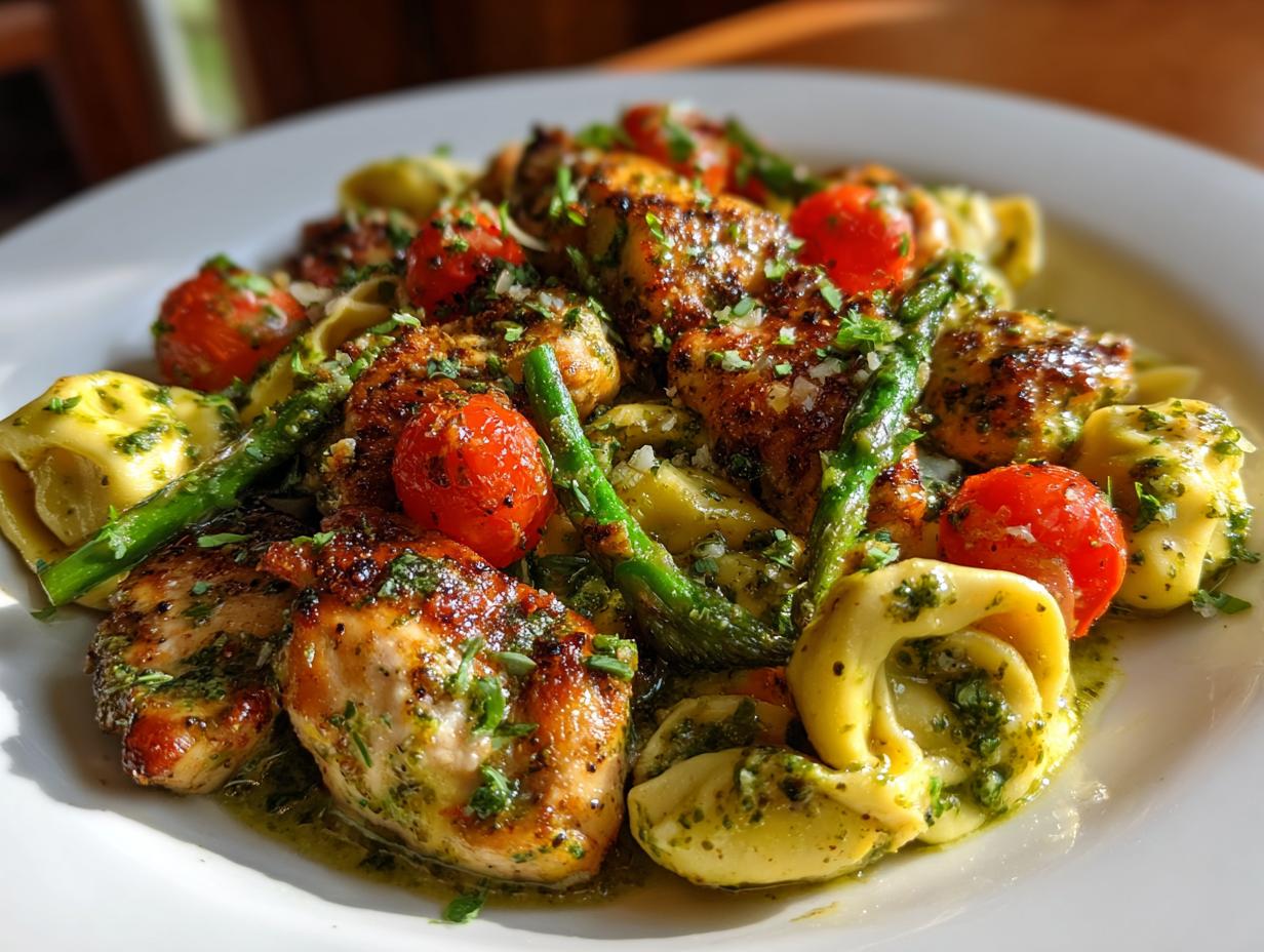Spring and Summer DINNER: One-Pan Pesto Chicken, Tortellini, and Veggies, Asparagus, Tomatoes - detail 2