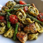 Spring and Summer DINNER: One-Pan Pesto Chicken, Tortellini, and Veggies, Asparagus, Tomatoes