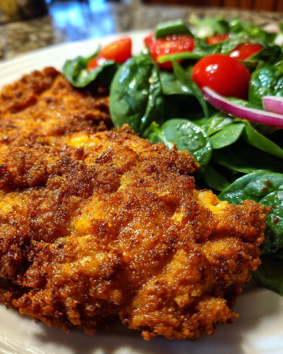 golden chicken cutlet with spinach salad simple recipe - detail 2