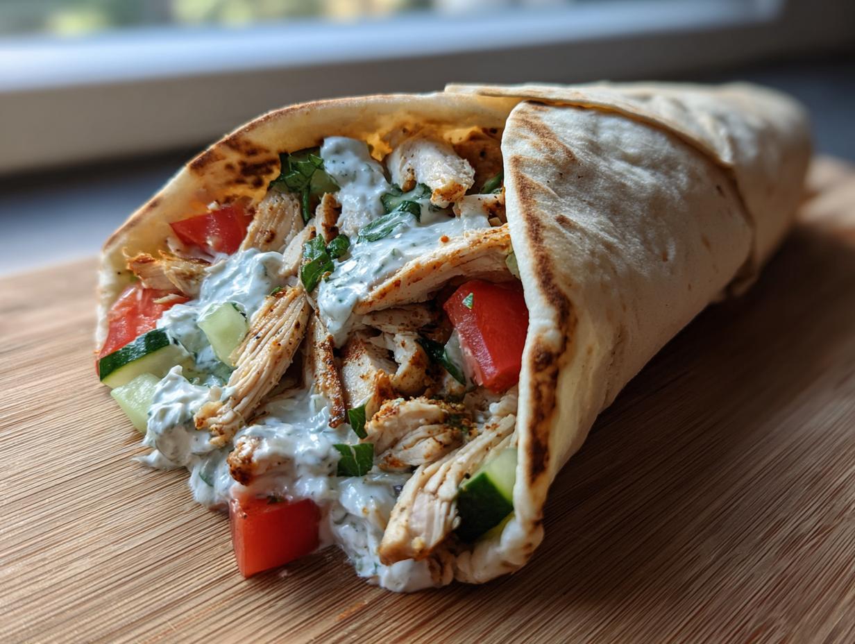 greek chicken pita wrap yogurt sauce healthy meal - detail 2