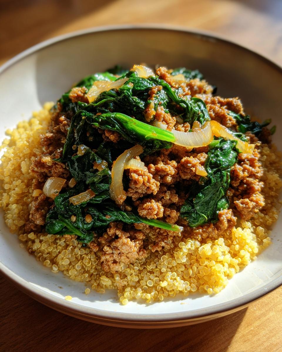 ground turkey quinoa bowl spinach healthy meal - detail 1