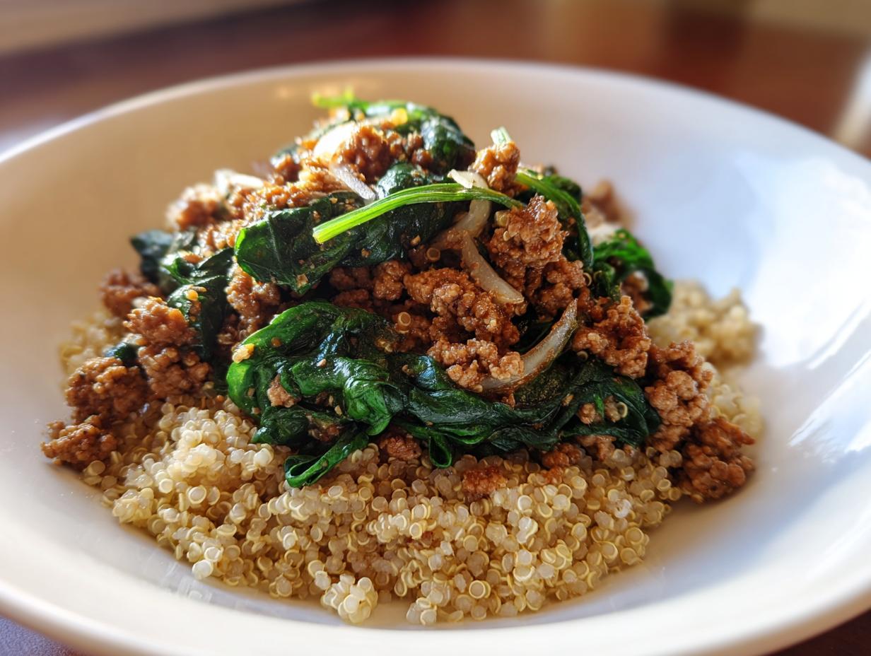 ground turkey quinoa bowl spinach healthy meal - detail 2