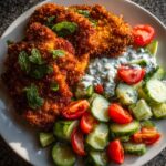 panko breaded chicken with cucumber yogurt salad