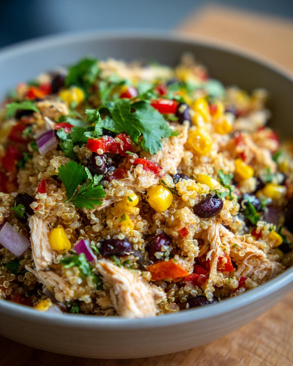 southwest chicken quinoa salad high protein bowl - detail 1