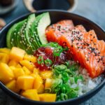 homemade salmon avocado mango poke bowl