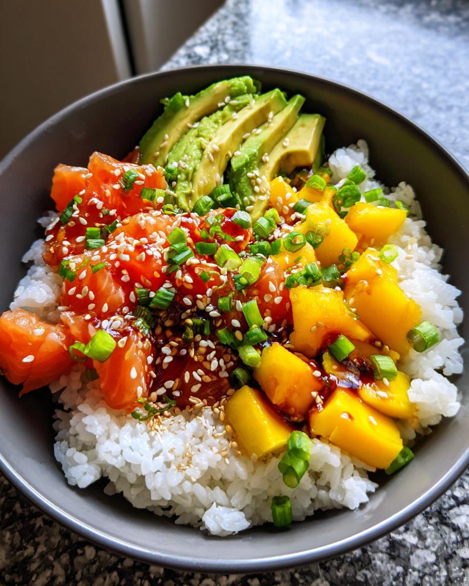 homemade salmon avocado mango poke bowl - detail 2