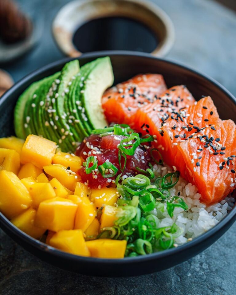 homemade salmon avocado mango poke bowl