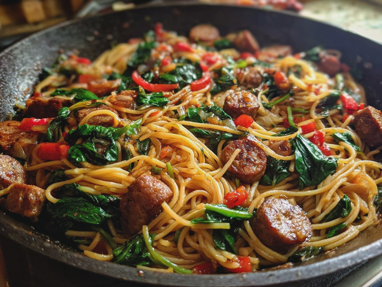 sticky honey garlic sausage pasta skillet sweet savory - detail 2