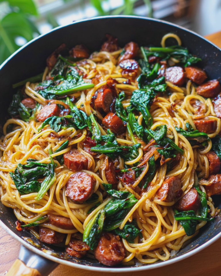 sticky honey garlic sausage pasta skillet sweet savory